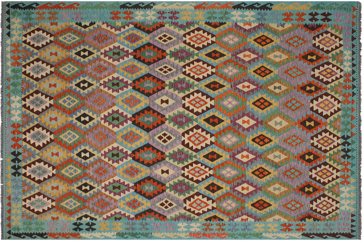 handmade Geometric Kilim Gray Blue Hand-Woven RECTANGLE 100% WOOL area rug 9 x 11