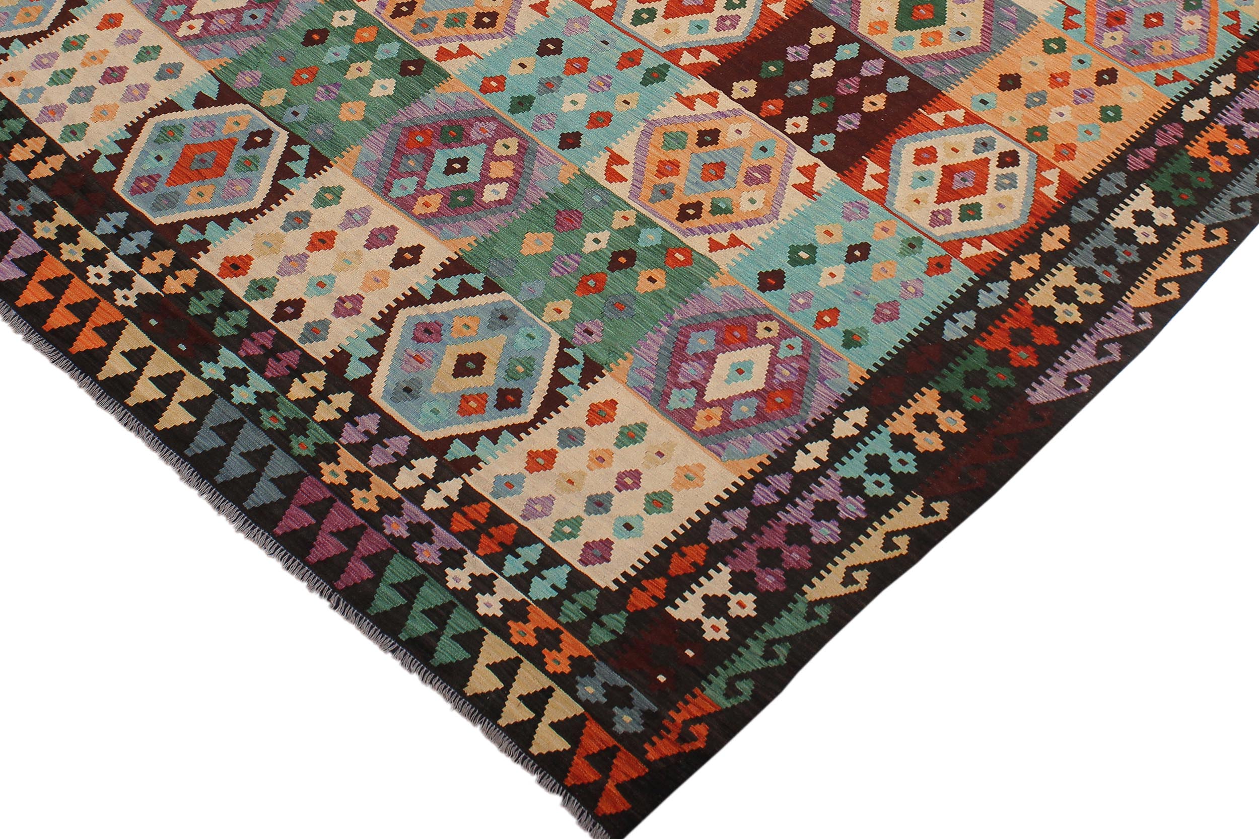 handmade Geometric Kilim Blue Brown Hand-Woven RECTANGLE 100% WOOL area rug 9 x 11