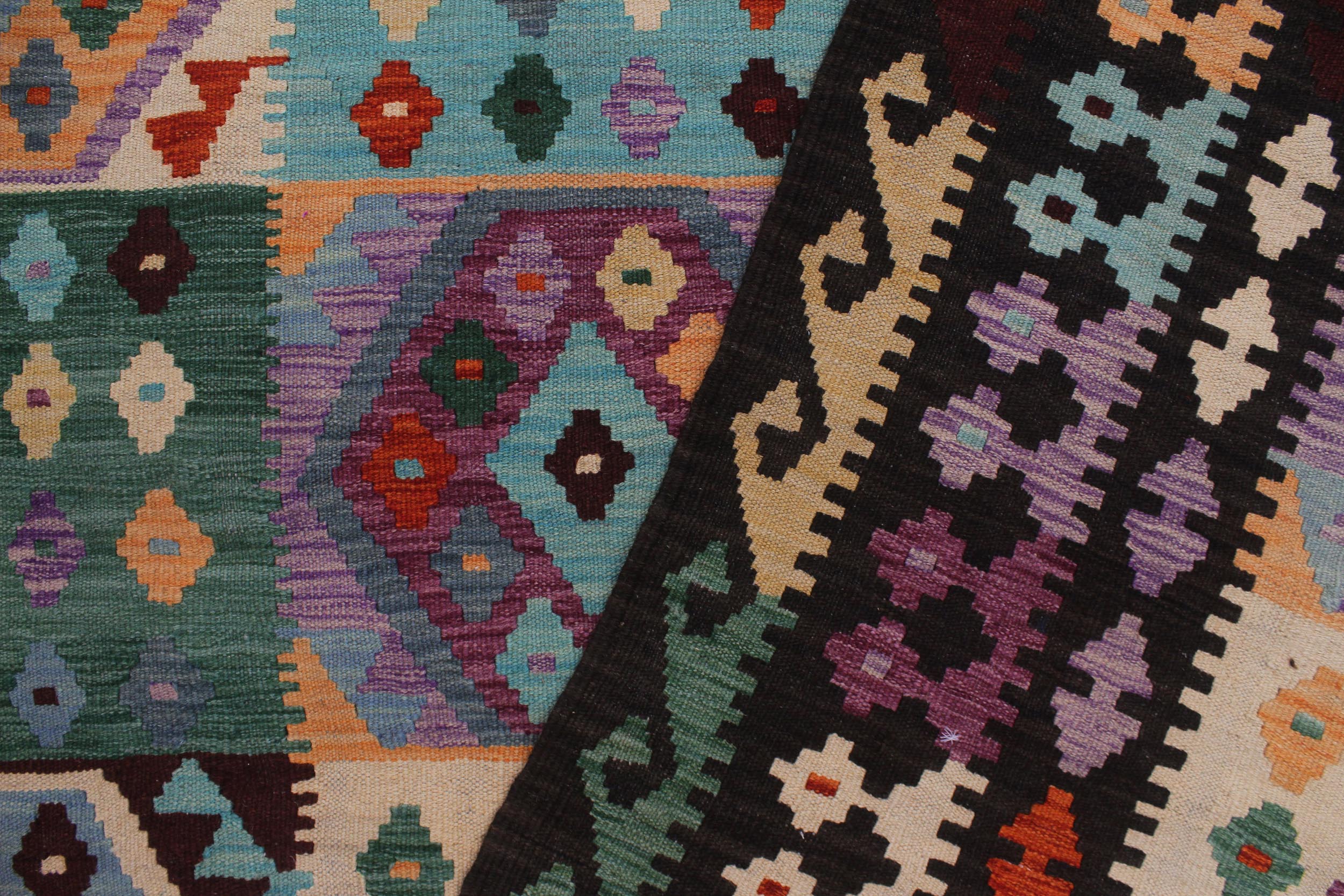 handmade Geometric Kilim Blue Brown Hand-Woven RECTANGLE 100% WOOL area rug 9 x 11