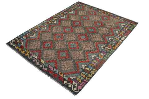 handmade Geometric Kilim Charcoal Green Hand-Woven RECTANGLE 100% WOOL area rug 7 x 10