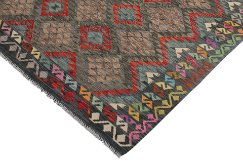 handmade Geometric Kilim Charcoal Green Hand-Woven RECTANGLE 100% WOOL area rug 7 x 10