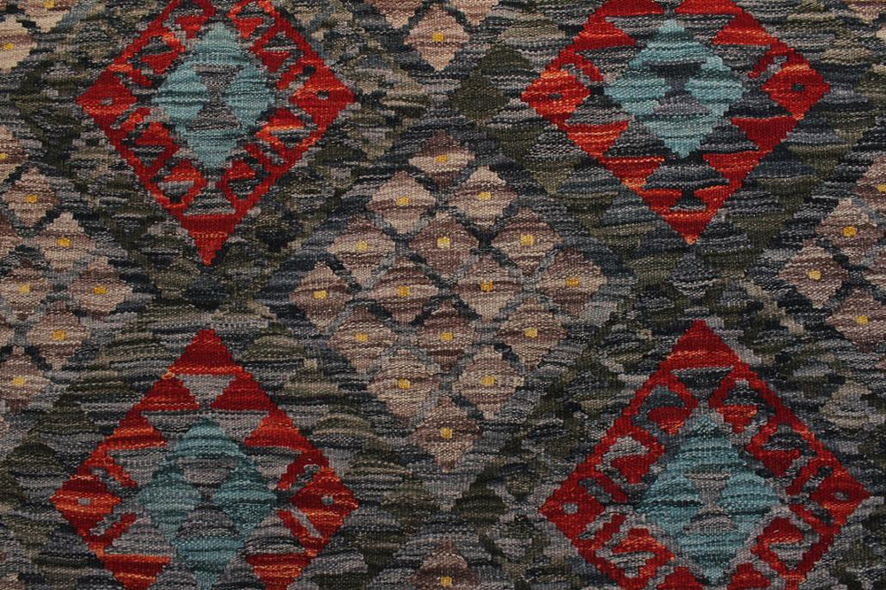 Flat Weave Kilim Antique Navaho Vintage handmade Geometric Kilim Charcoal Green Hand-Woven Rectangle 100% Wool Area Rug 7x10 