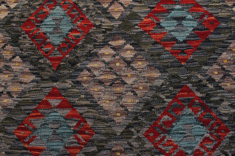 handmade Geometric Kilim Charcoal Green Hand-Woven RECTANGLE 100% WOOL area rug 7 x 10