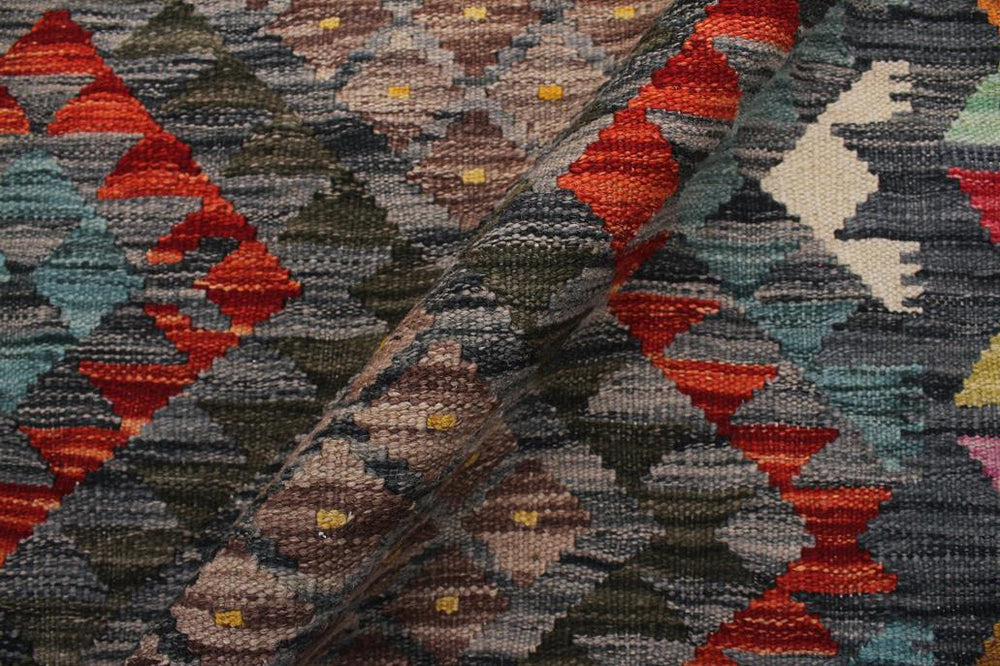 Flat Weave Kilim Antique Navaho Vintage handmade Geometric Kilim Charcoal Green Hand-Woven Rectangle 100% Wool Area Rug 7x10 