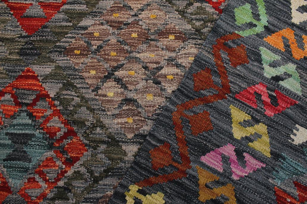 Flat Weave Kilim Antique Navaho Vintage handmade Geometric Kilim Charcoal Green Hand-Woven Rectangle 100% Wool Area Rug 7x10 