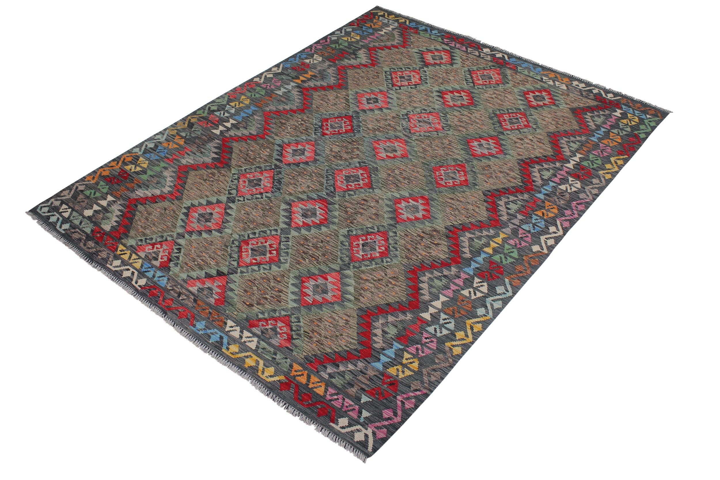 handmade Geometric Kilim Green Charcoal Hand-Woven RECTANGLE 100% WOOL area rug 8 x 10