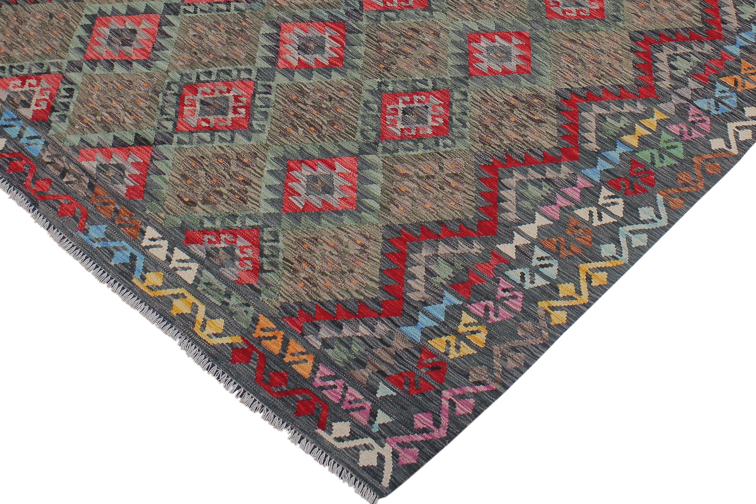 handmade Geometric Kilim Green Charcoal Hand-Woven RECTANGLE 100% WOOL area rug 8 x 10