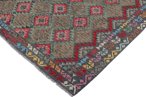 handmade Geometric Kilim Green Charcoal Hand-Woven RECTANGLE 100% WOOL area rug 8 x 10