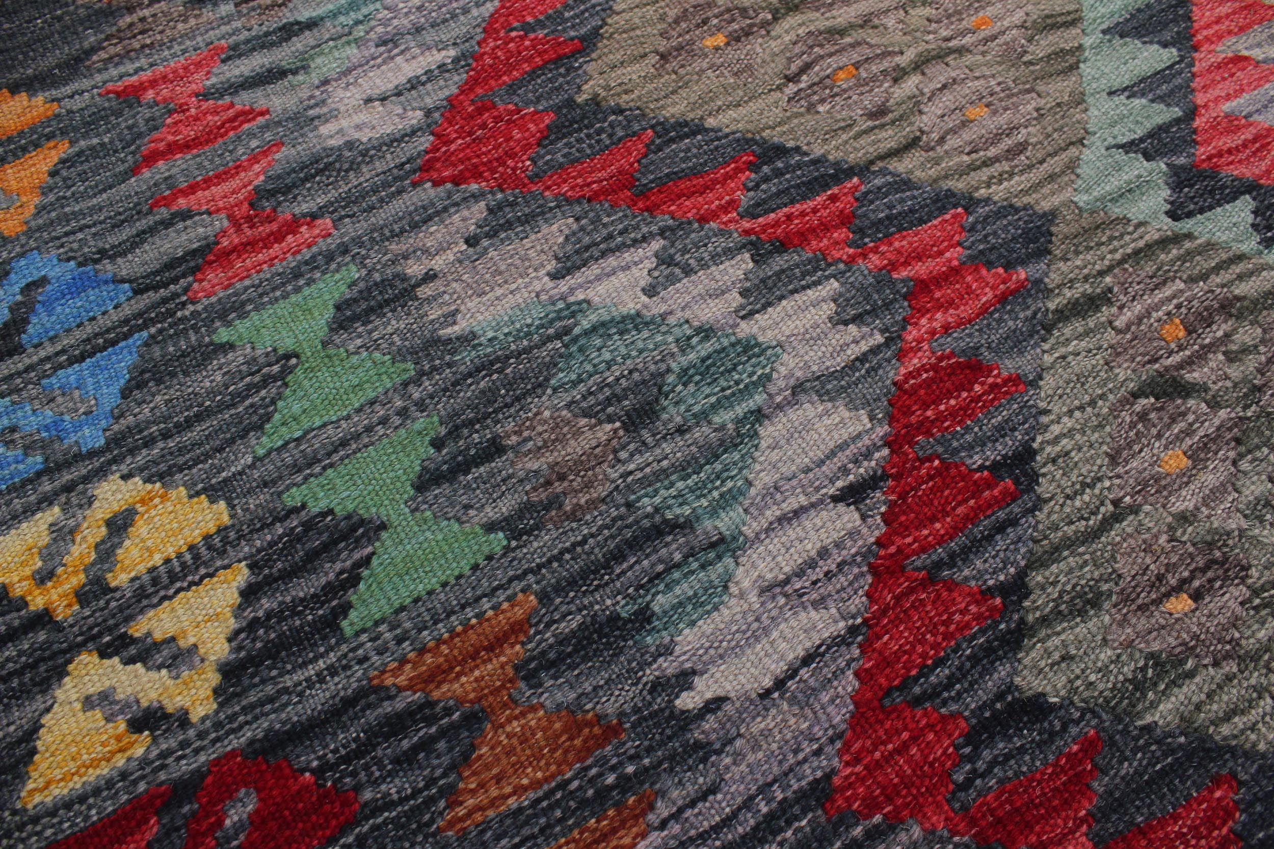handmade Geometric Kilim Green Charcoal Hand-Woven RECTANGLE 100% WOOL area rug 8 x 10
