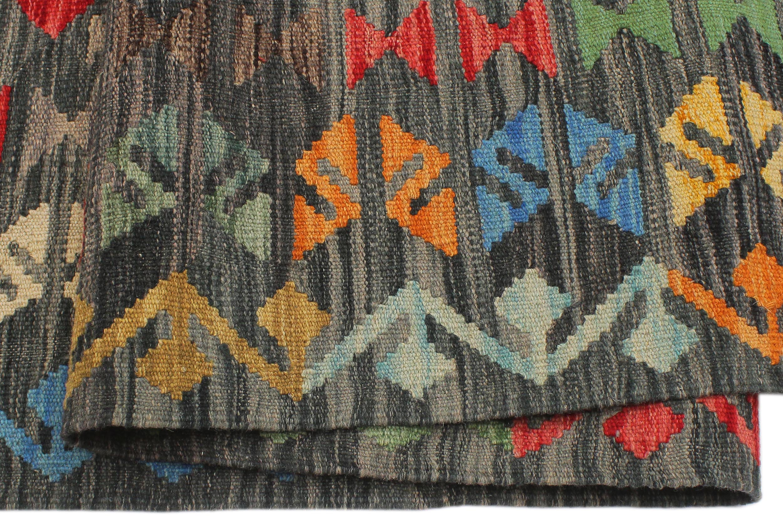 handmade Geometric Kilim Green Charcoal Hand-Woven RECTANGLE 100% WOOL area rug 8 x 10