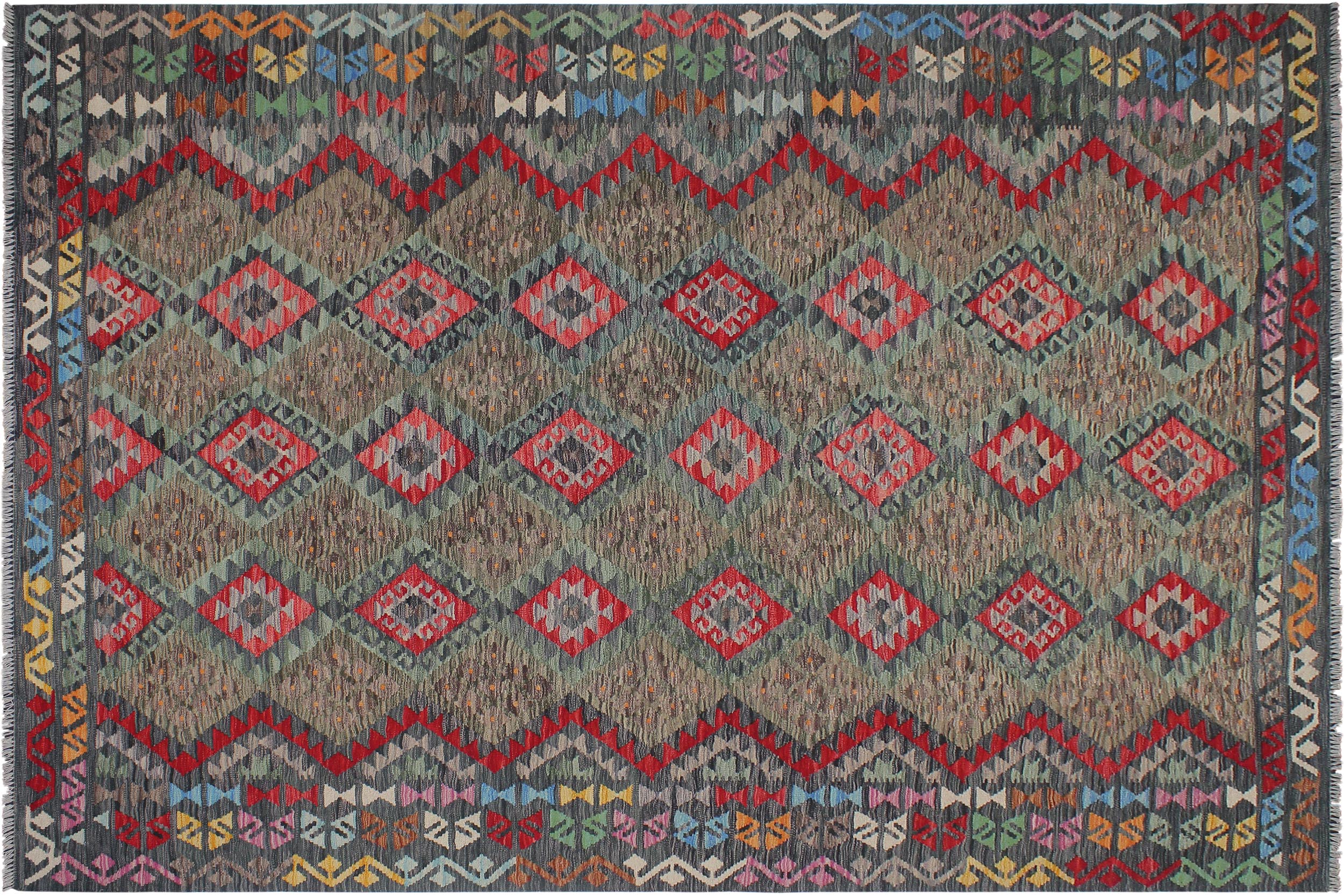 handmade Geometric Kilim Green Charcoal Hand-Woven RECTANGLE 100% WOOL area rug 8 x 10