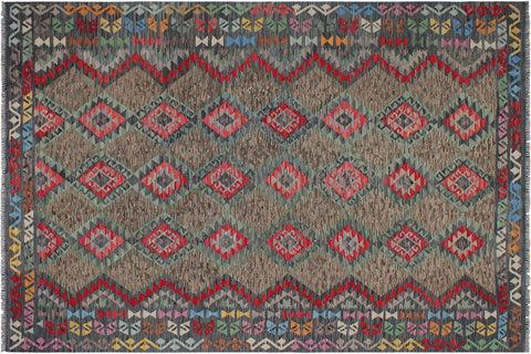 handmade Geometric Kilim Green Charcoal Hand-Woven RECTANGLE 100% WOOL area rug 8 x 10