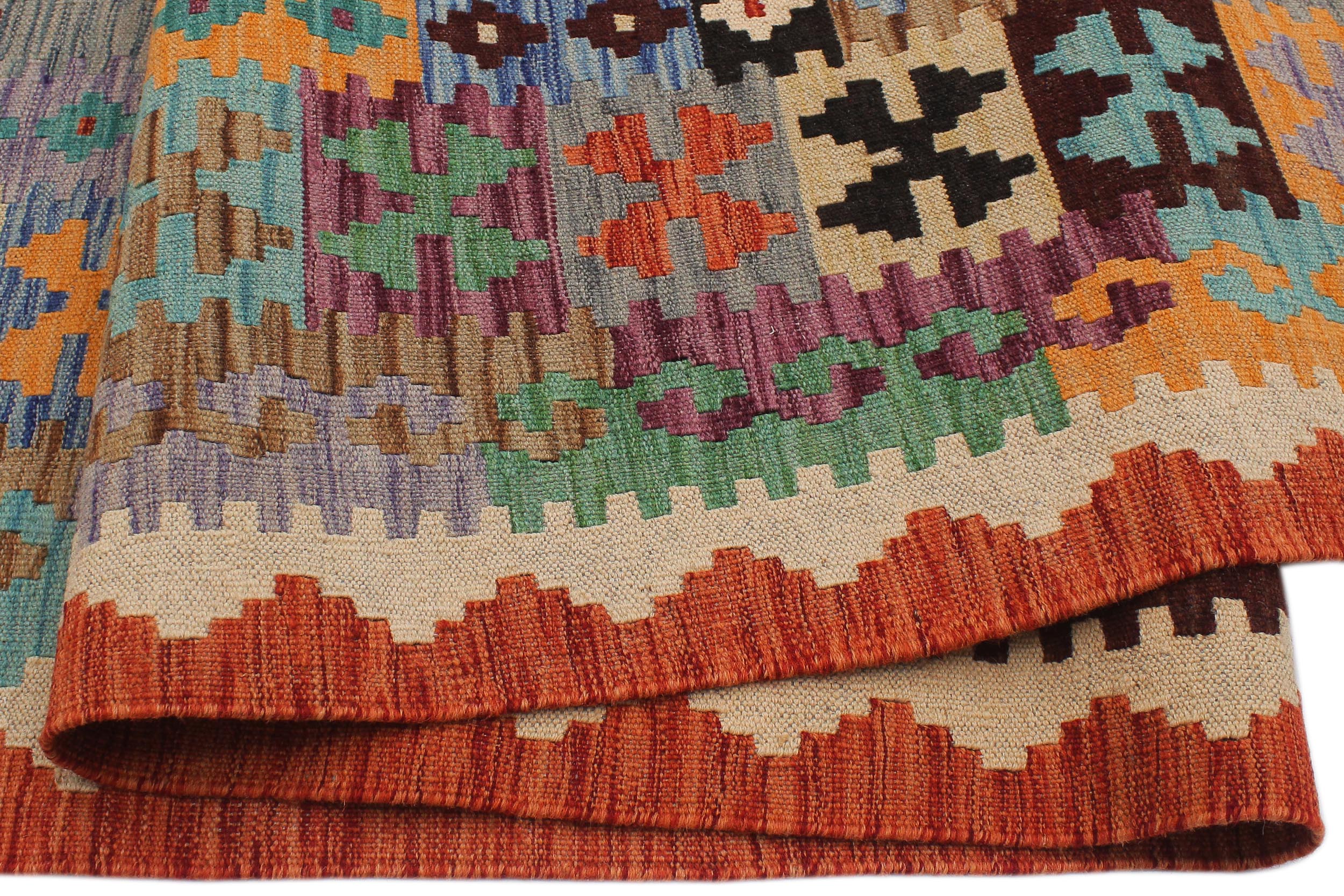 handmade Geometric Kilim Blue Rust Hand-Woven RECTANGLE 100% WOOL area rug 8 x 11