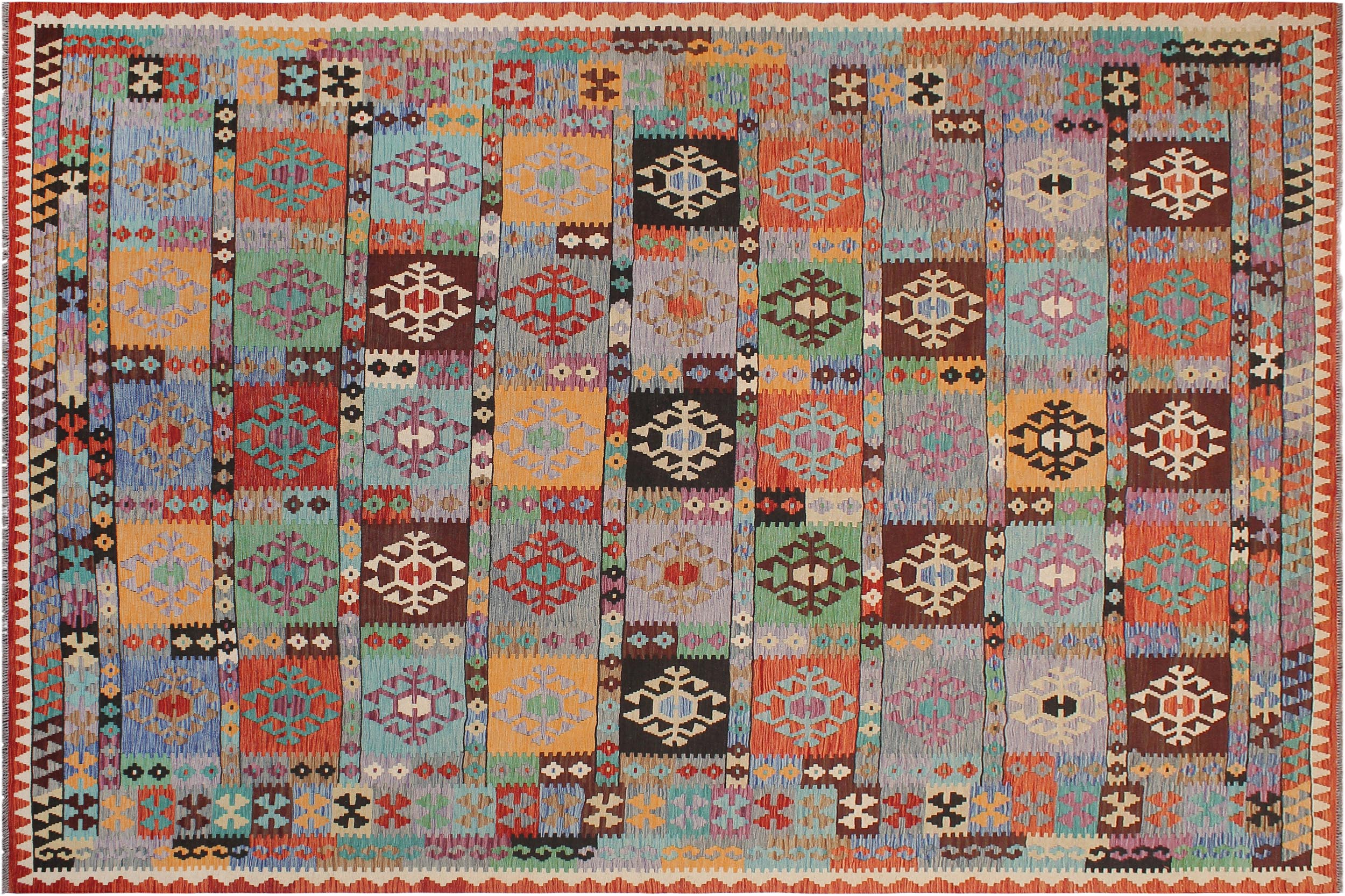 handmade Geometric Kilim Blue Rust Hand-Woven RECTANGLE 100% WOOL area rug 8 x 11