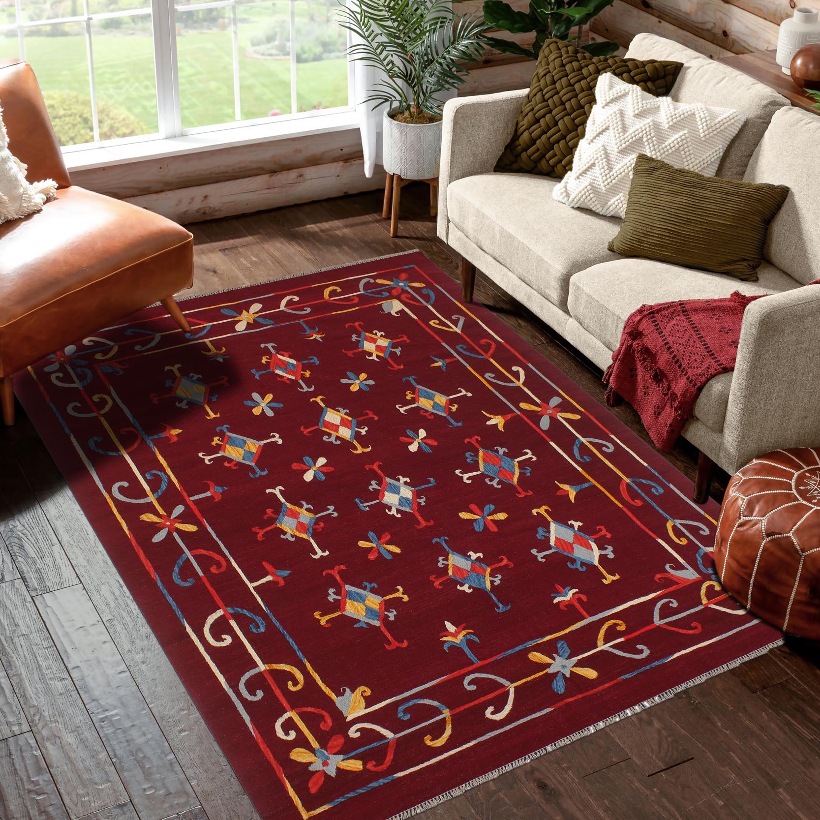 handmade Geometric Kilim Red Blue Hand-Woven RECTANGLE 100% WOOL area rug 6' x 7'