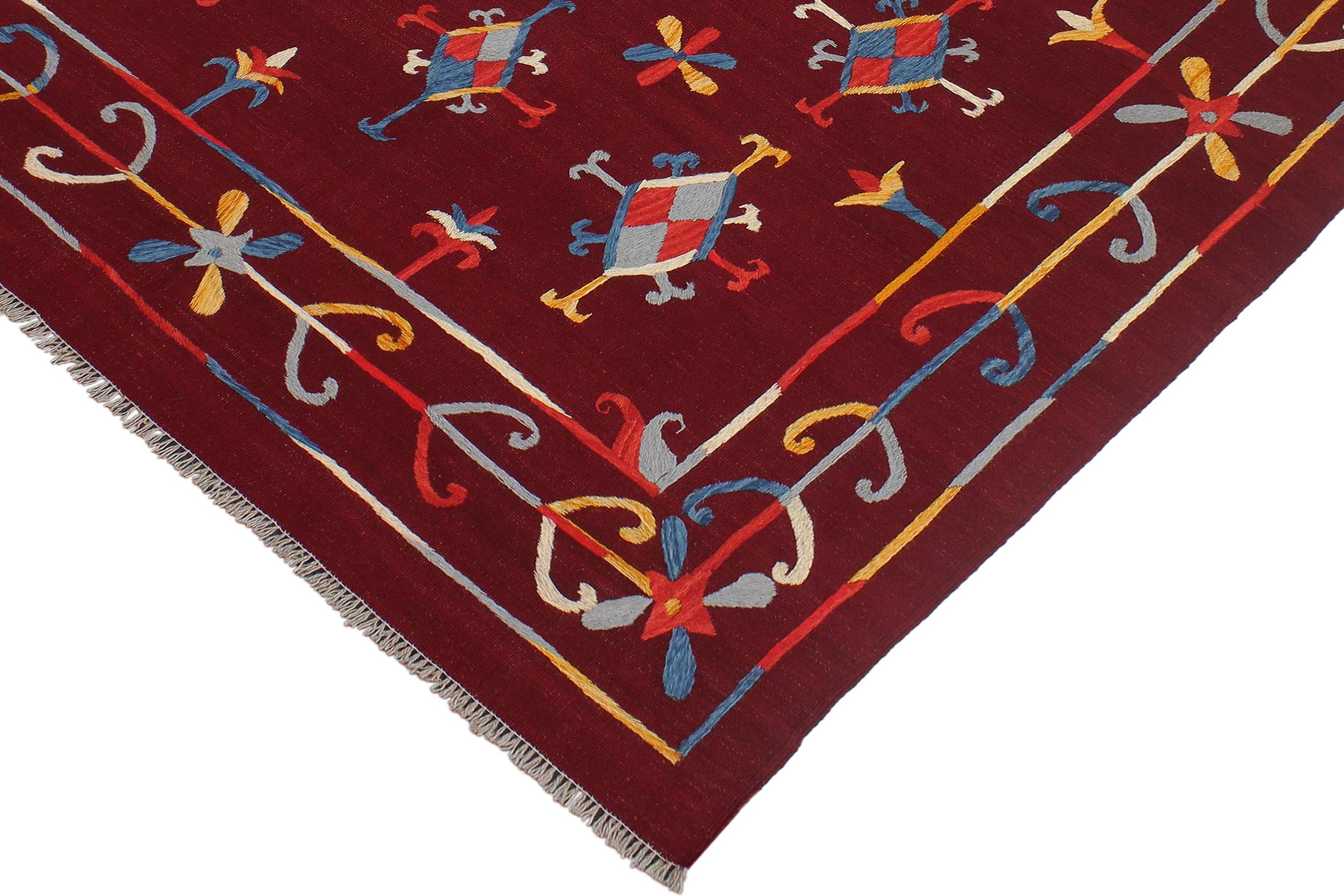 handmade Geometric Kilim Red Blue Hand-Woven RECTANGLE 100% WOOL area rug 6' x 7'