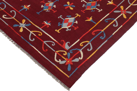 handmade Geometric Kilim Red Blue Hand-Woven RECTANGLE 100% WOOL area rug 6' x 7'