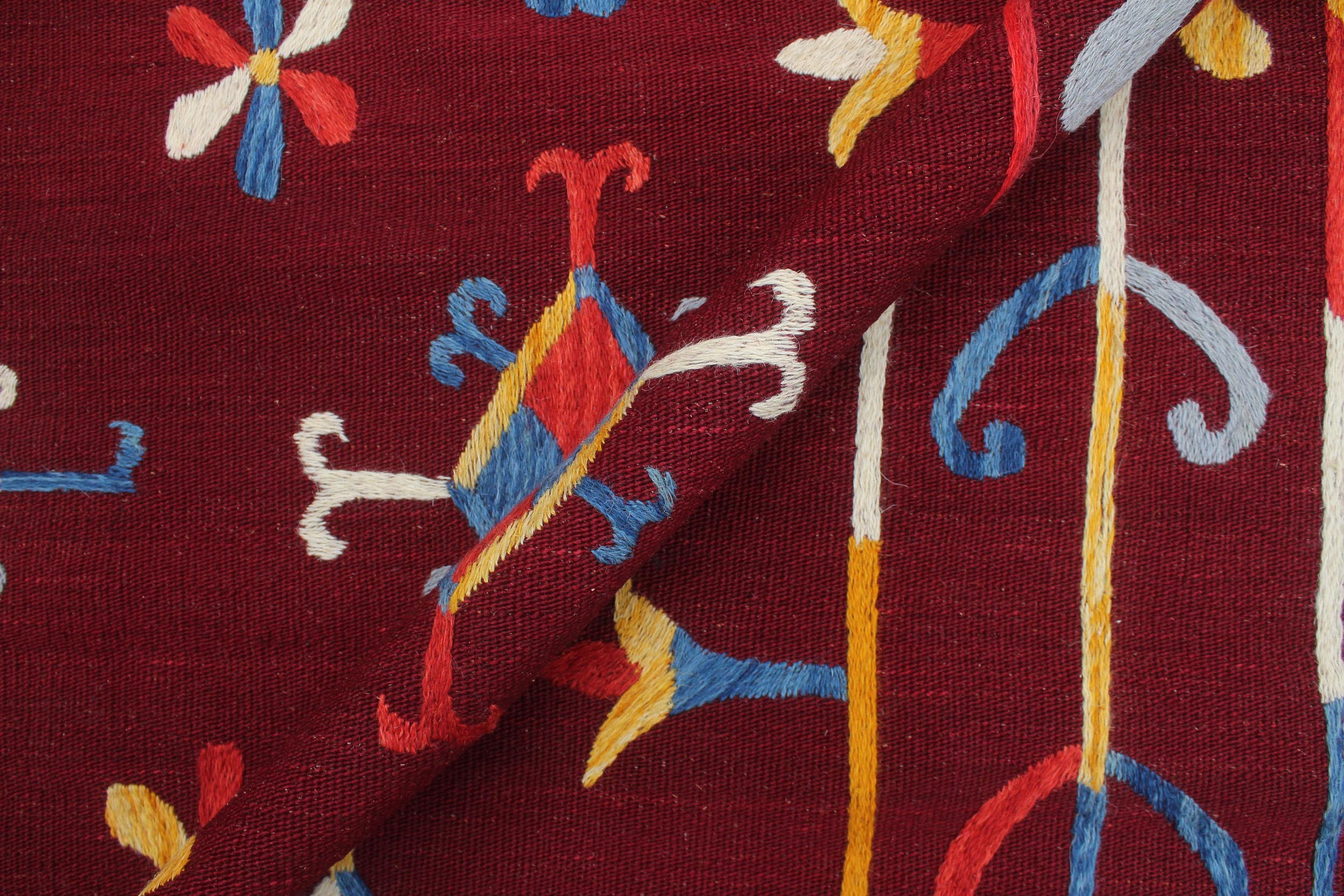 handmade Geometric Kilim Red Blue Hand-Woven RECTANGLE 100% WOOL area rug 6' x 7'