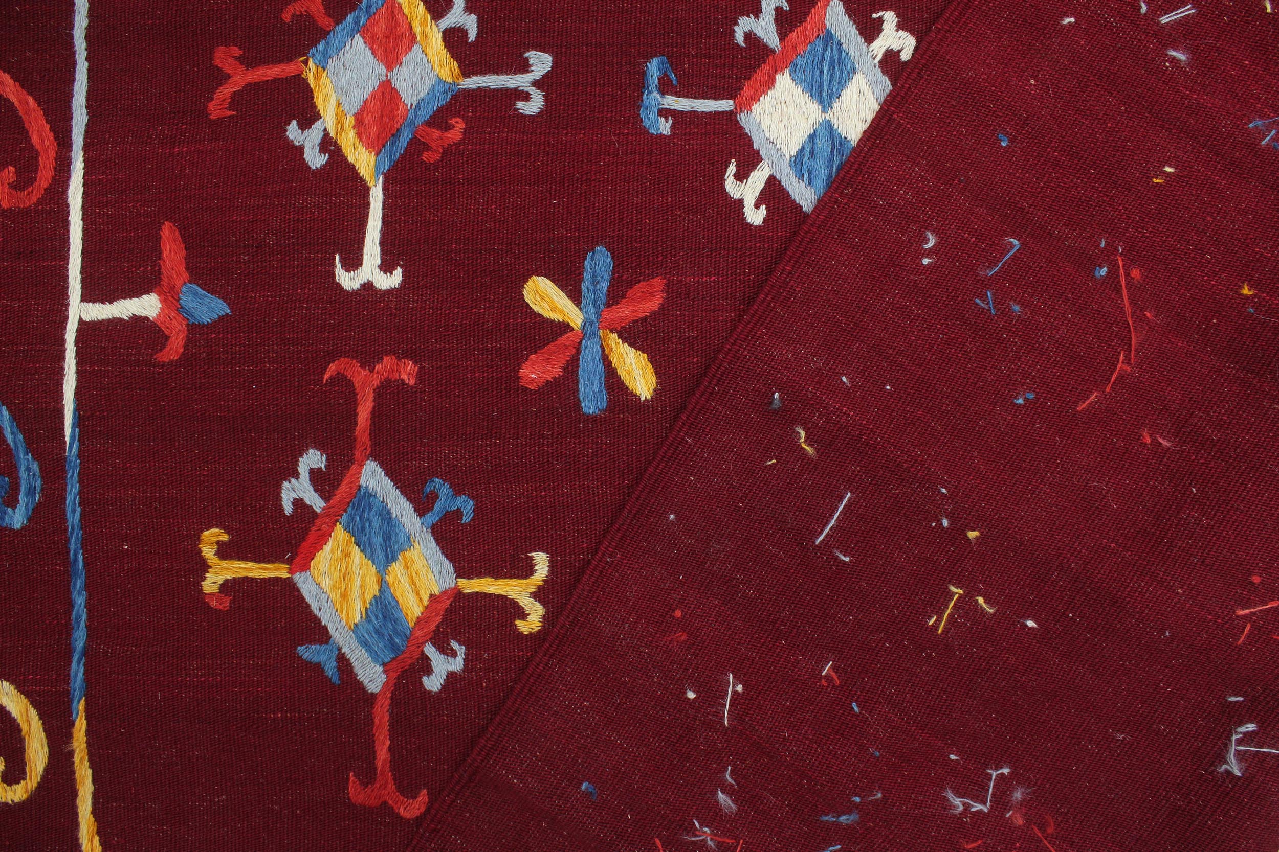 handmade Geometric Kilim Red Blue Hand-Woven RECTANGLE 100% WOOL area rug 6' x 7'