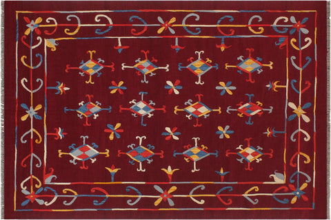 handmade Geometric Kilim Red Blue Hand-Woven RECTANGLE 100% WOOL area rug 6' x 7'