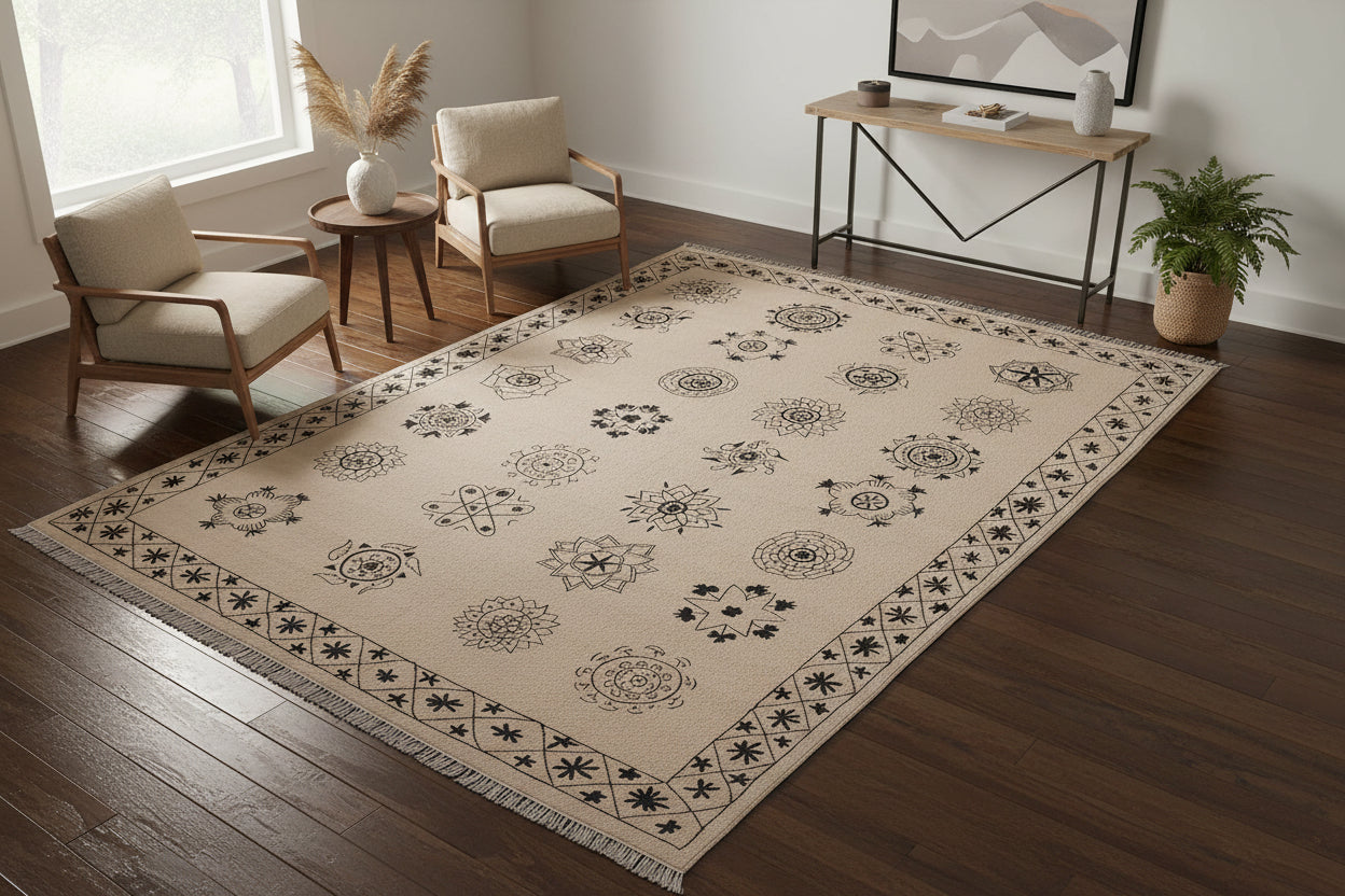 handmade Modern Kilim Beige Black Hand-Woven RECTANGLE 100% WOOL area rug 6 x 8