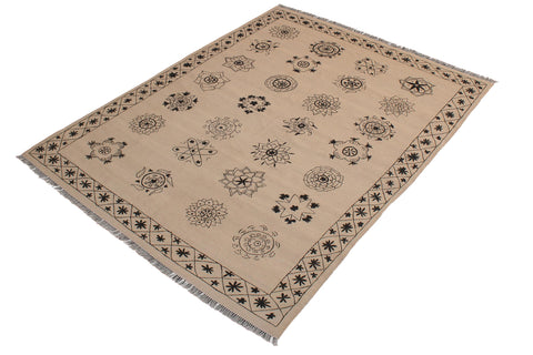 handmade Modern Kilim Beige Black Hand-Woven RECTANGLE 100% WOOL area rug 6 x 8