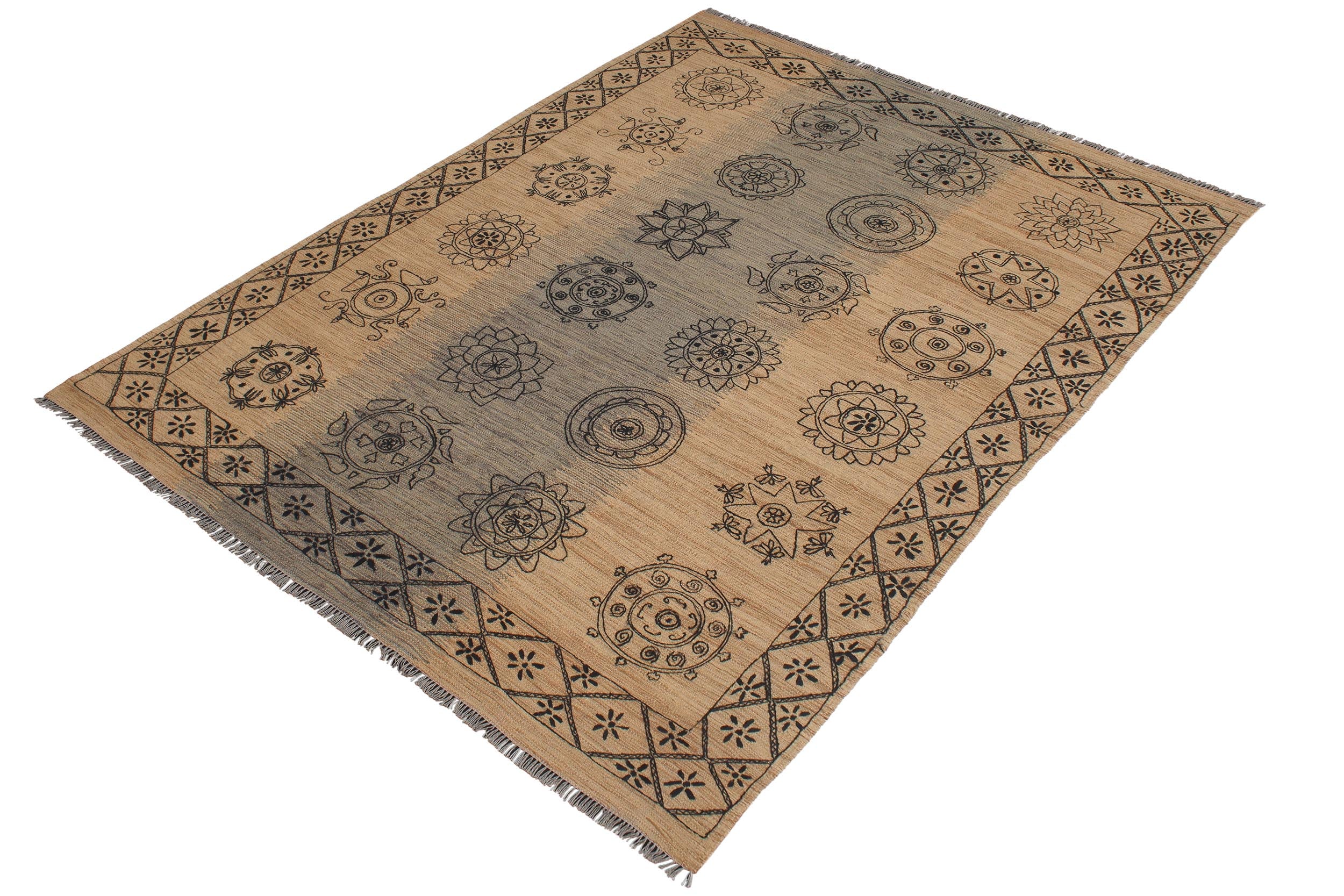 handmade Modern Kilim Beige Black Hand-Woven RECTANGLE 100% WOOL area rug 6x8