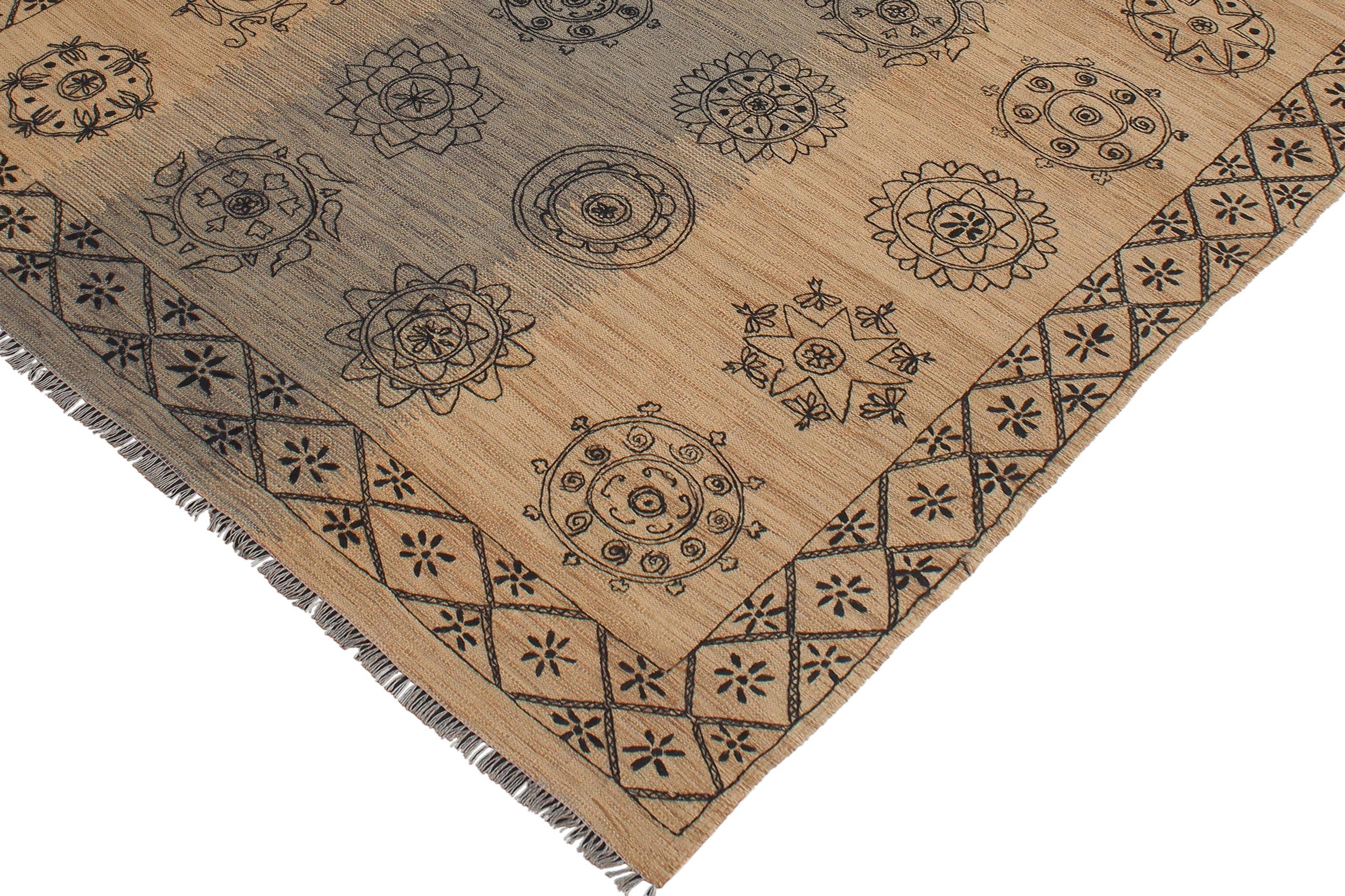 handmade Modern Kilim Beige Black Hand-Woven RECTANGLE 100% WOOL area rug 6x8