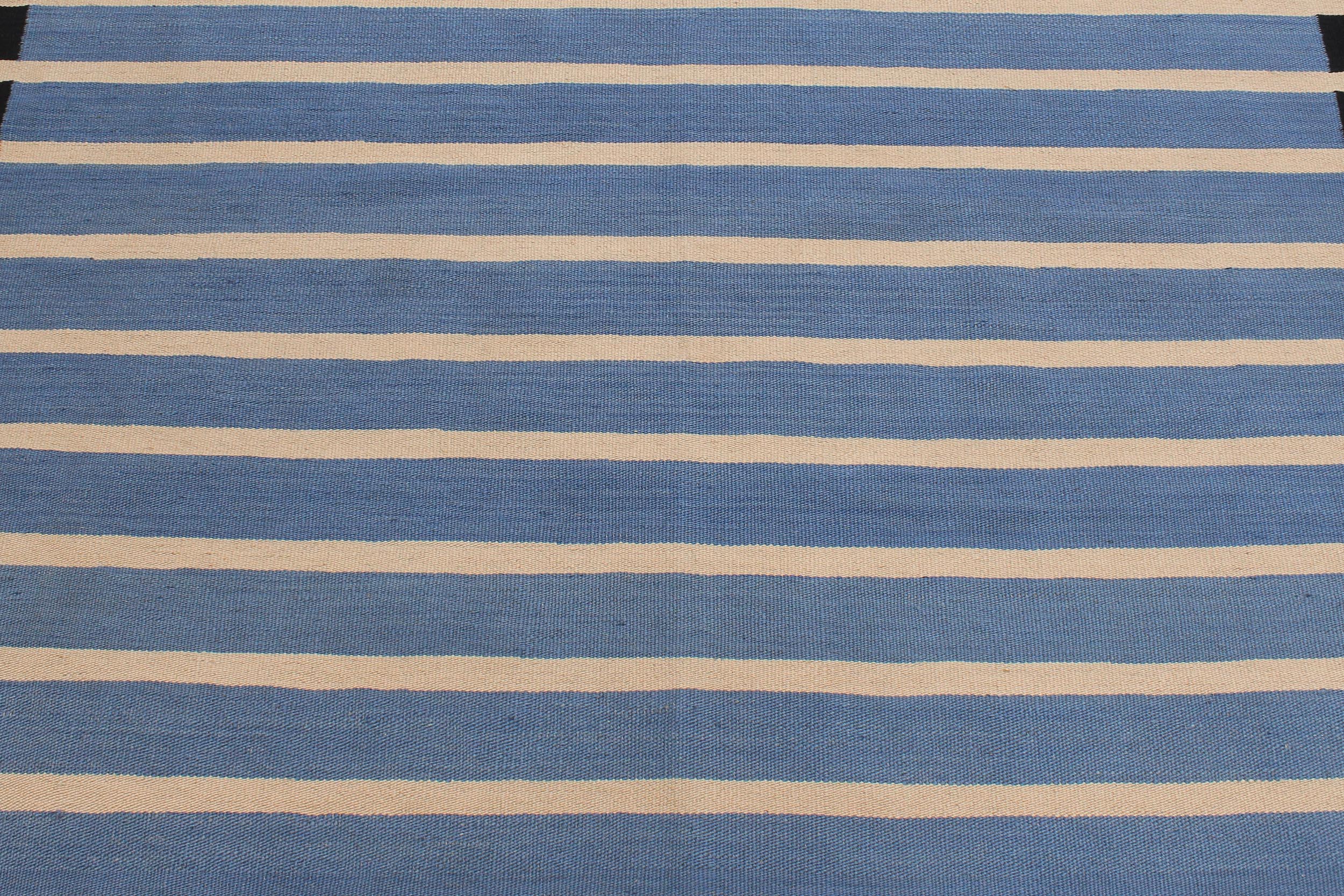 handmade Modern Kilim Blue Black Hand-Woven RECTANGLE 100% WOOL area rug 7x10