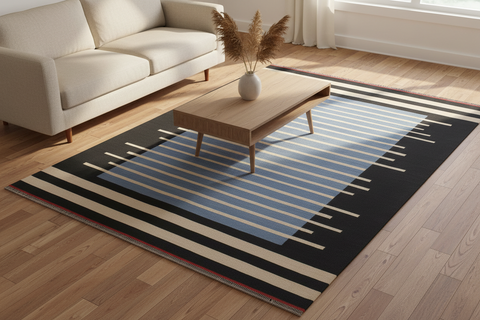 handmade Modern Kilim Blue Black Hand-Woven RECTANGLE 100% WOOL area rug 7x10