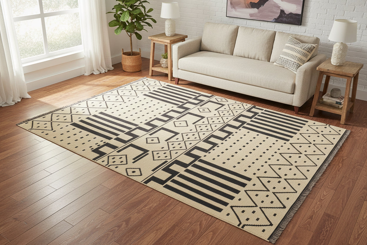 handmade Modern Kilim Beige Black Hand-Woven RECTANGLE 100% WOOL area rug 5 x 7