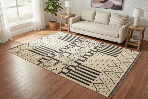 handmade Modern Kilim Beige Black Hand-Woven RECTANGLE 100% WOOL area rug 5 x 7