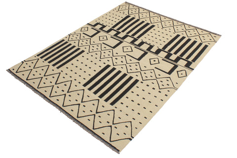 handmade Modern Kilim Beige Black Hand-Woven RECTANGLE 100% WOOL area rug 5 x 7