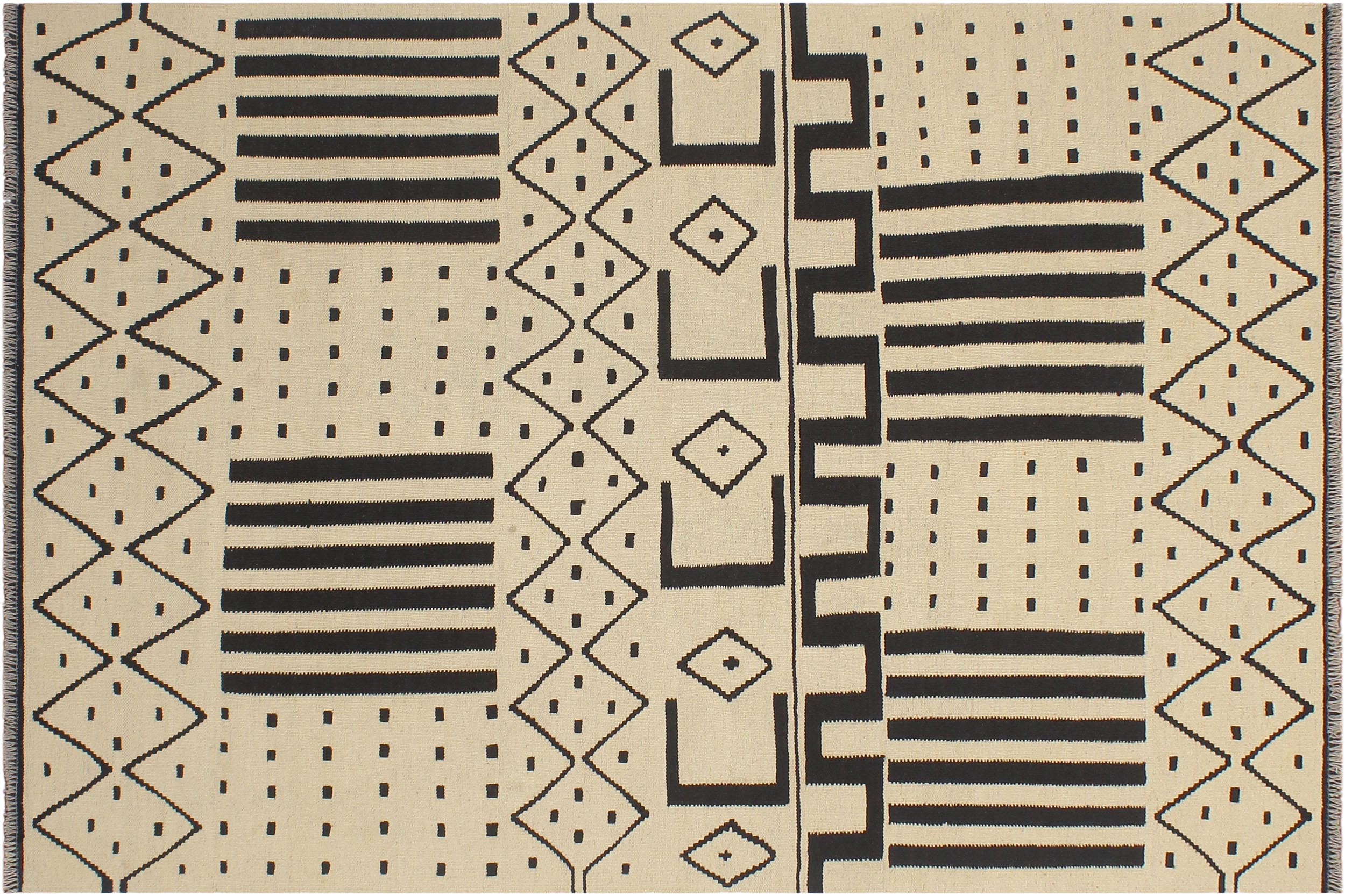 handmade Modern Kilim Beige Black Hand-Woven RECTANGLE 100% WOOL area rug 5 x 7