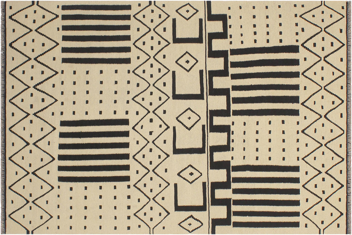 handmade Modern Kilim Beige Black Hand-Woven RECTANGLE 100% WOOL area rug 5 x 7