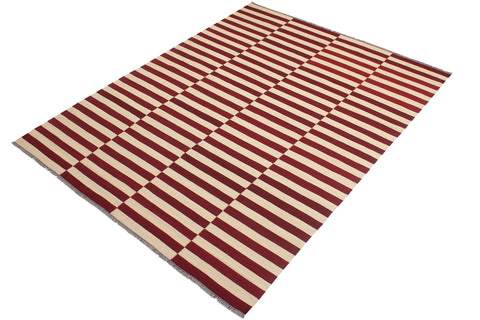 handmade Modern Kilim Beige Red Hand-Woven RECTANGLE 100% WOOL area rug 7 x 10