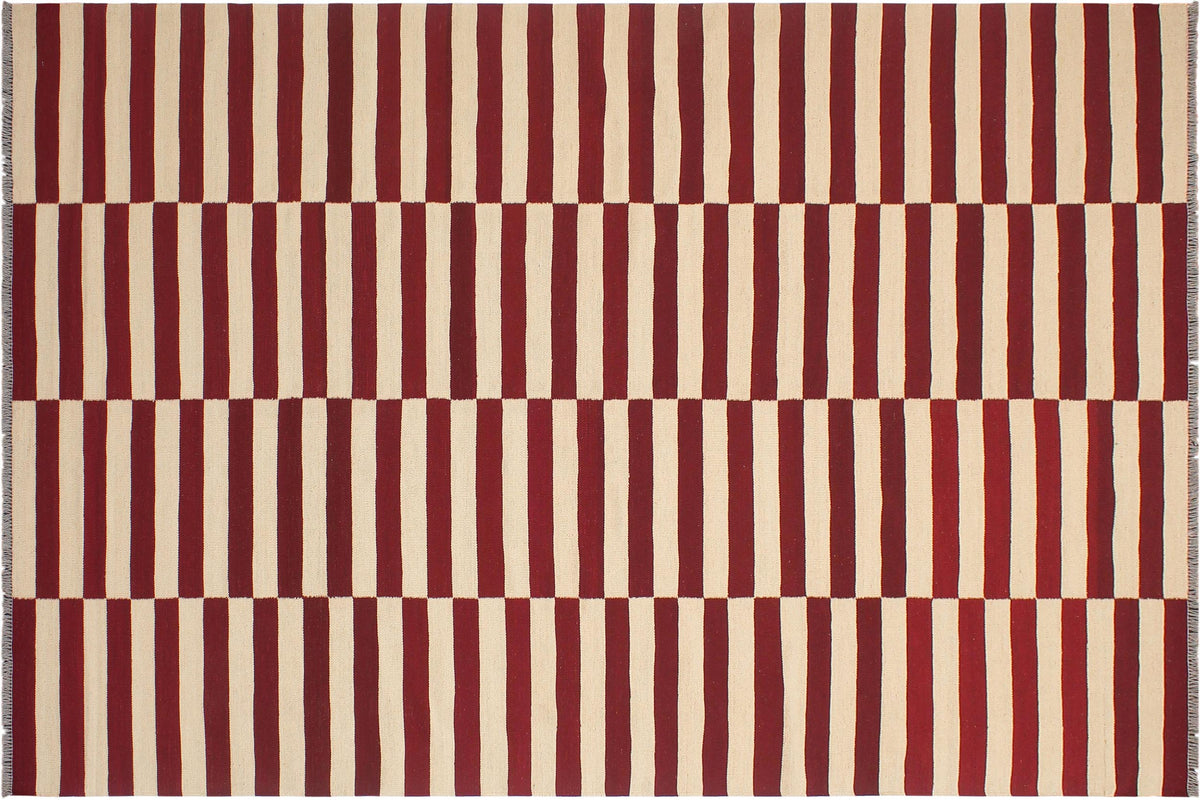 handmade Modern Kilim Beige Red Hand-Woven RECTANGLE 100% WOOL area rug 7 x 10