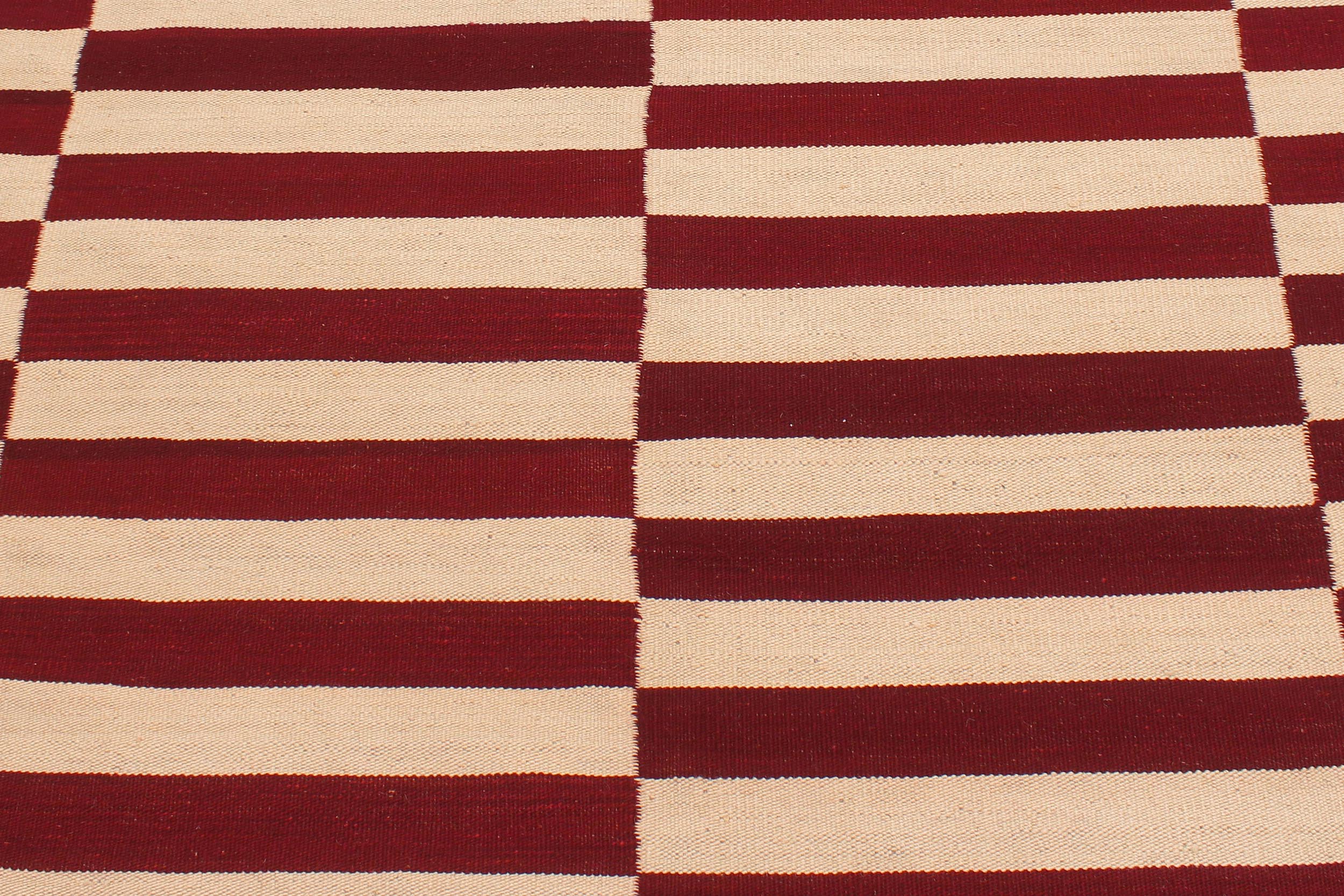 handmade Modern Kilim Beige Red Hand-Woven RECTANGLE 100% WOOL area rug 7 x 10