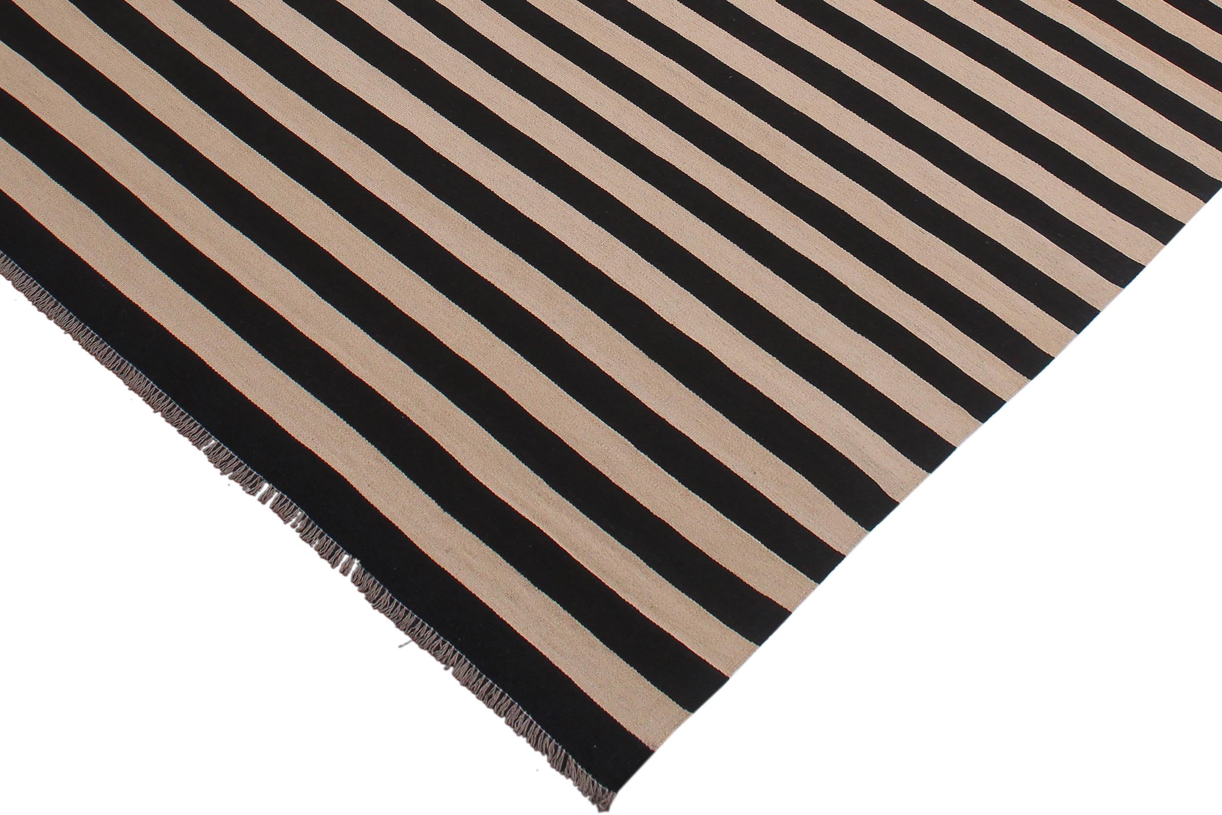 handmade Modern Kilim Beige Black Hand-Woven RECTANGLE 100% WOOL area rug 8 x 10