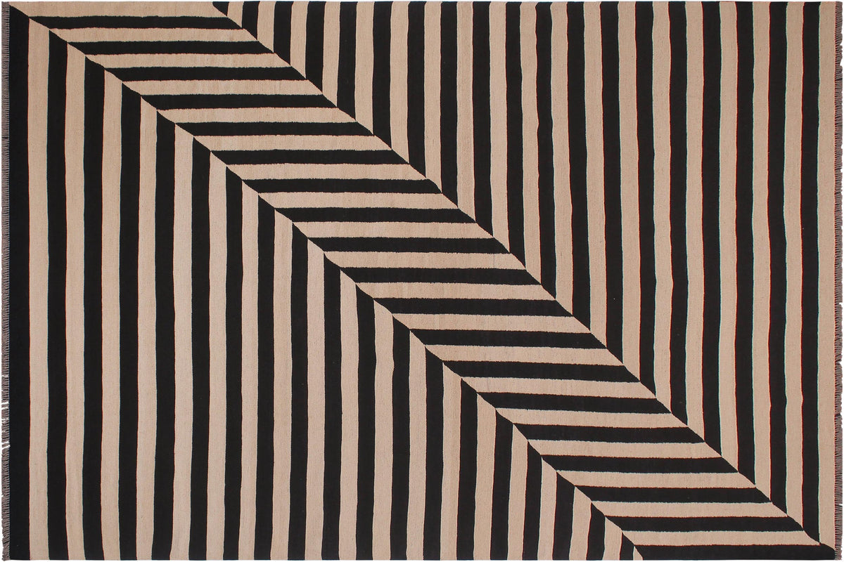 handmade Modern Kilim Beige Black Hand-Woven RECTANGLE 100% WOOL area rug 8 x 10