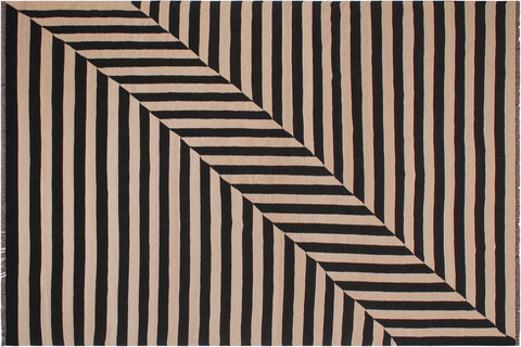 handmade Modern Kilim Beige Black Hand-Woven RECTANGLE 100% WOOL area rug 8 x 10