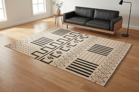 handmade Modern Kilim Beige Black Hand-Woven RECTANGLE 100% WOOL area rug 8 x 10