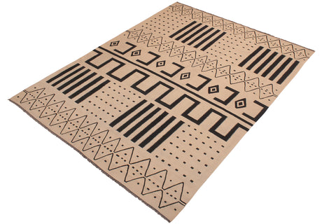 handmade Modern Kilim Beige Black Hand-Woven RECTANGLE 100% WOOL area rug 8 x 10