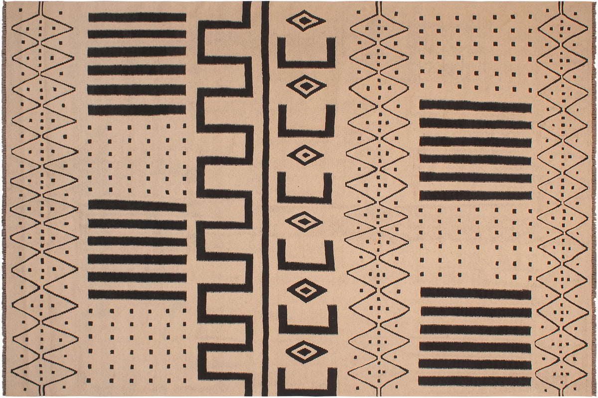 handmade Modern Kilim Beige Black Hand-Woven RECTANGLE 100% WOOL area rug 8 x 10