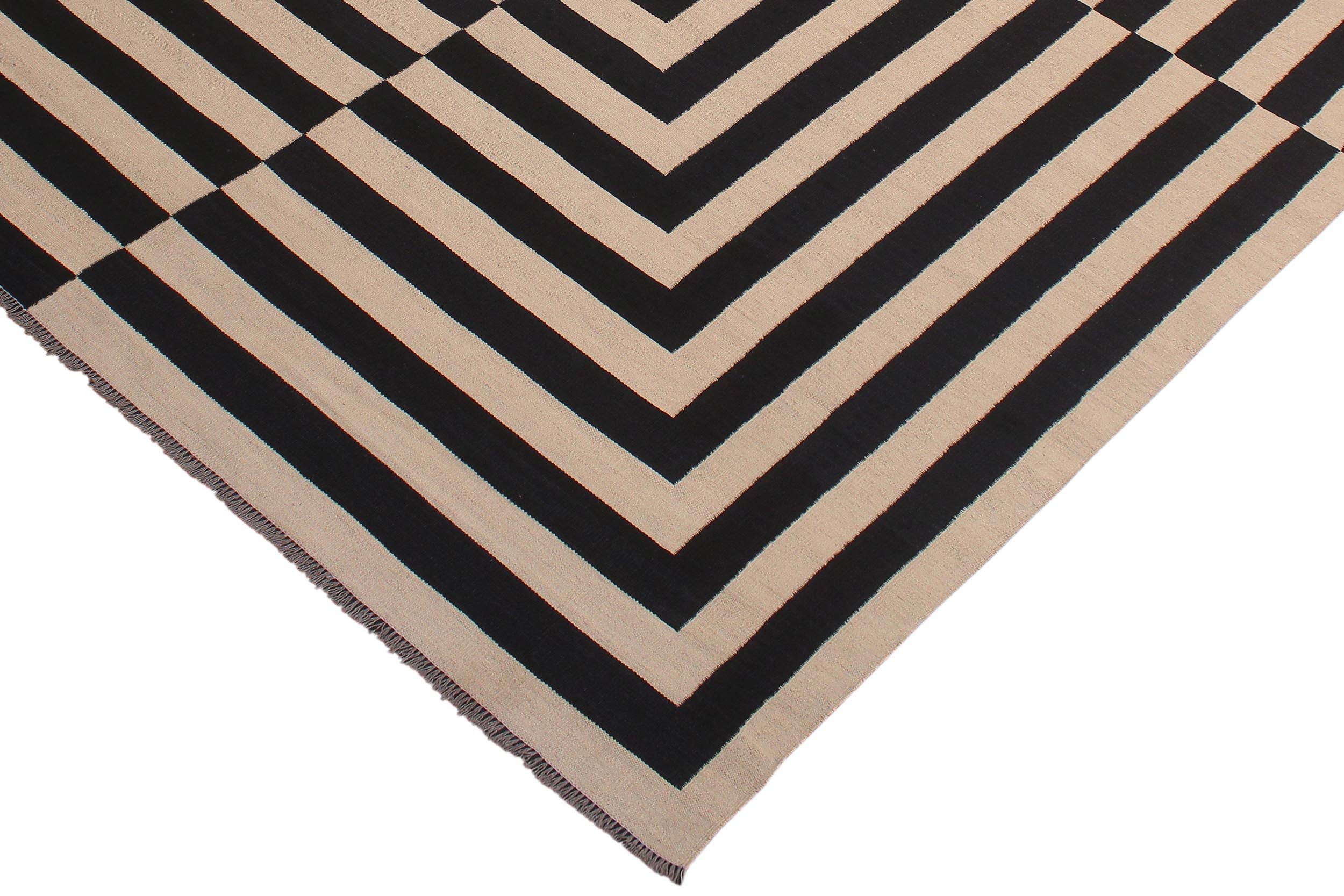 handmade Modern Kilim Beige Black Hand-Woven RECTANGLE 100% WOOL area rug 8 x 10