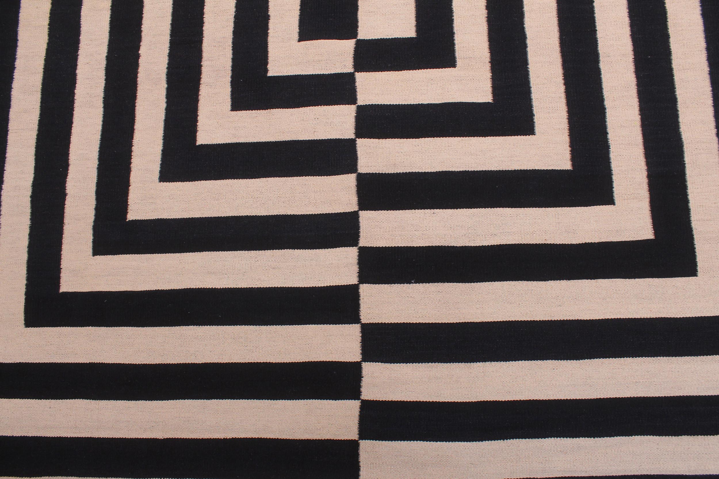 handmade Modern Kilim Beige Black Hand-Woven RECTANGLE 100% WOOL area rug 8 x 10