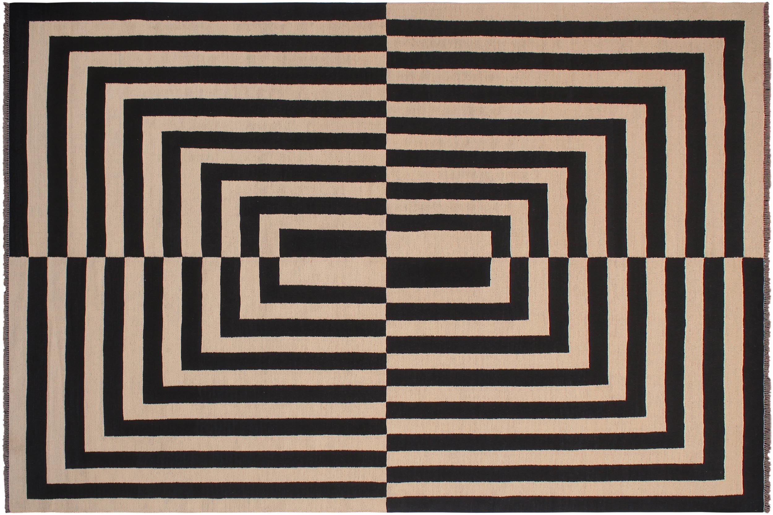 handmade Modern Kilim Beige Black Hand-Woven RECTANGLE 100% WOOL area rug 8 x 10