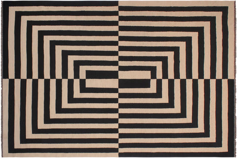 handmade Modern Kilim Beige Black Hand-Woven RECTANGLE 100% WOOL area rug 8 x 10