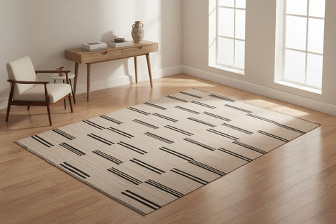handmade Modern Kilim Beige Black Hand-Woven RECTANGLE 100% WOOL area rug 8 x 10