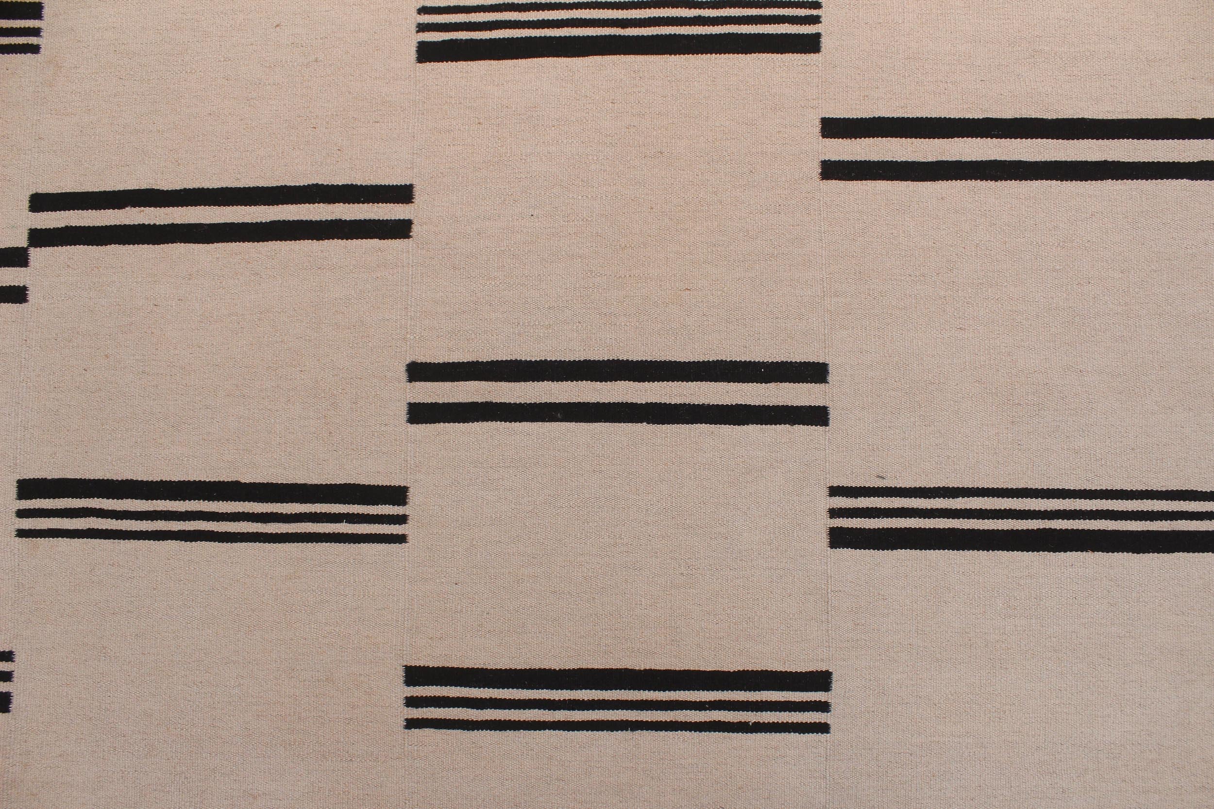 handmade Modern Kilim Beige Black Hand-Woven RECTANGLE 100% WOOL area rug 8 x 10